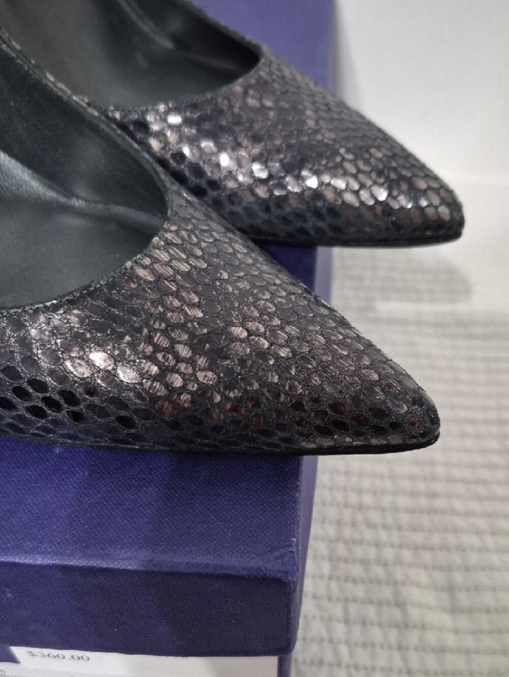 Stuart Weitzman Black Textured Pointed-Toe Pumps with Silver Chains - Picture 9 of 12
